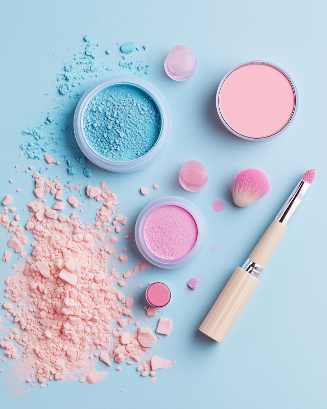 Makeup Products on Blue Background