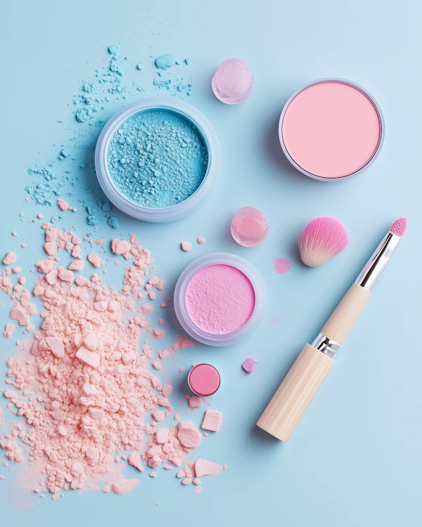 Makeup Products on Blue Background