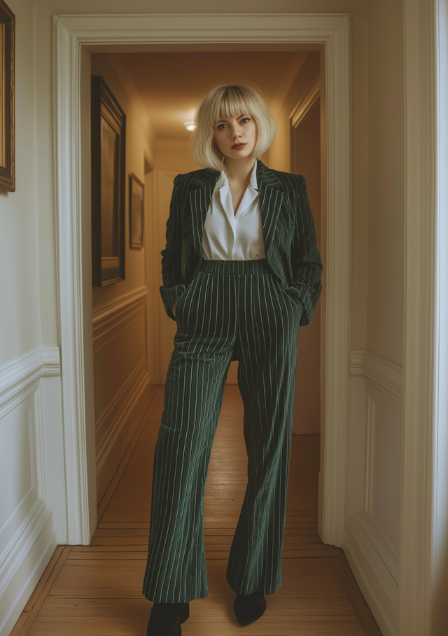 Woman in Hallway with Pinstripe Suit