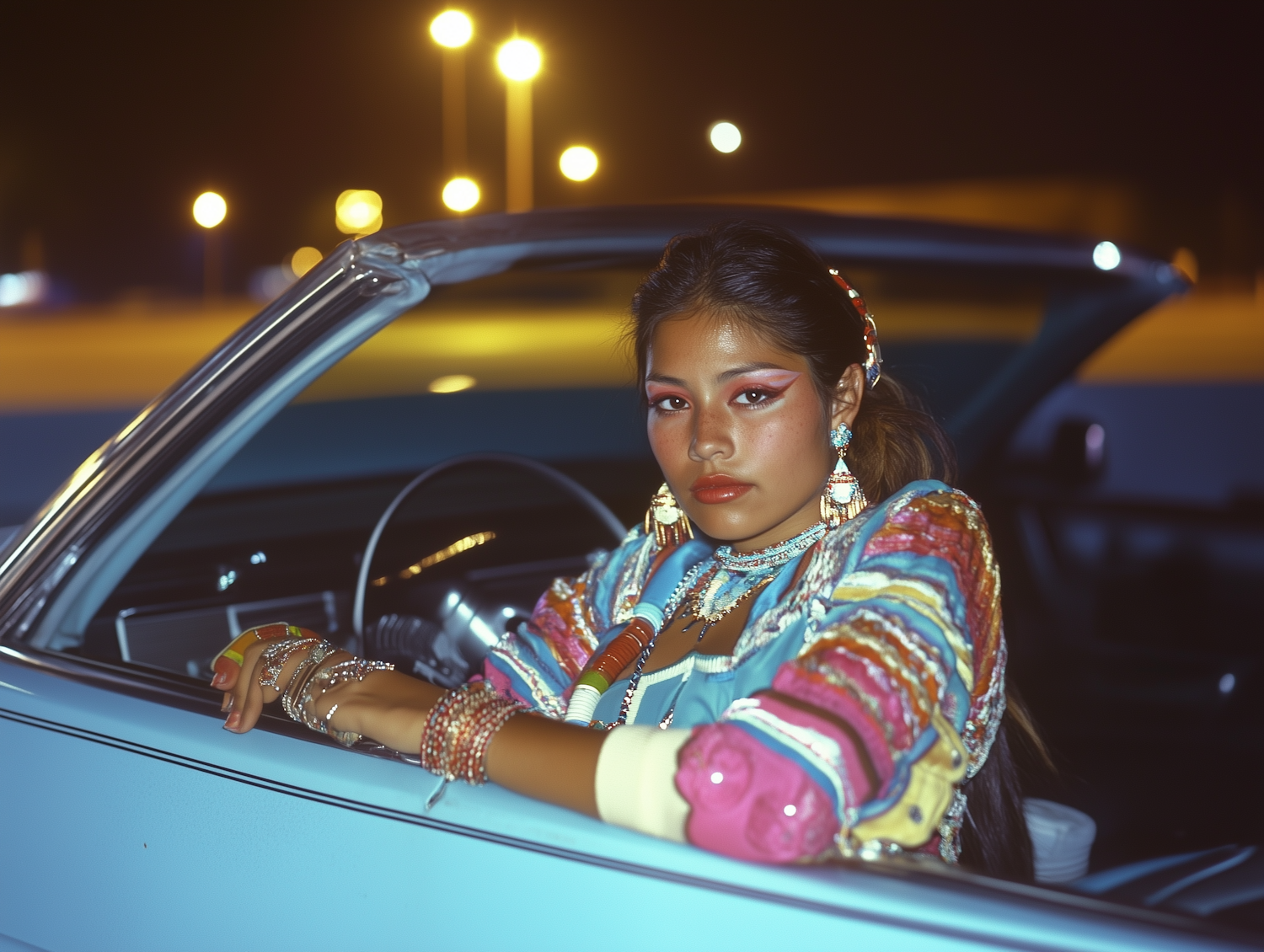 Stylish Woman in Convertible at Night