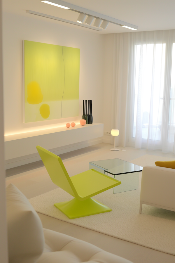 Modern Minimalist Living Room with Lime Green Chair