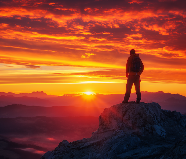 Silhouetted Hiker at Sunset on Mountain Peak