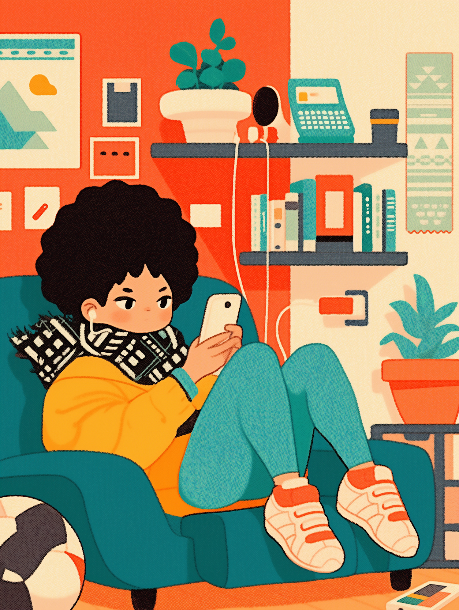 Person on Teal Armchair with Smartphone