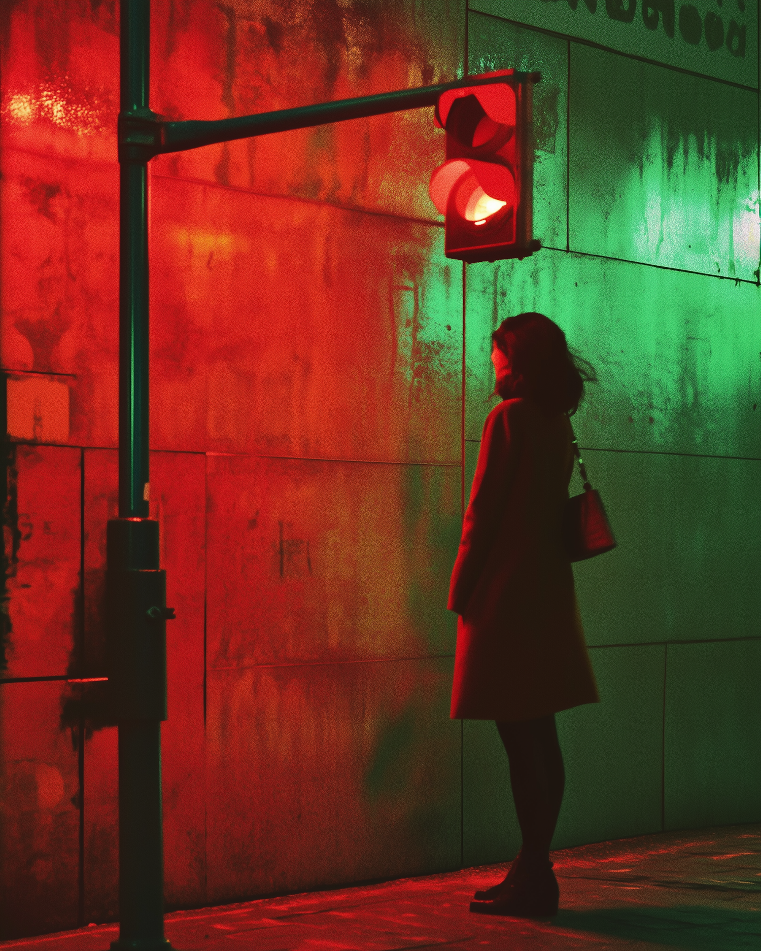 Solitary Figure Under Traffic Light