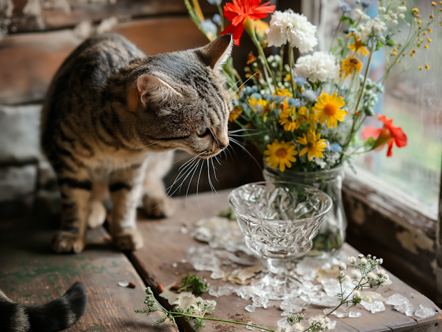 Curious Tabby Cat Amongst Colorful Flowers