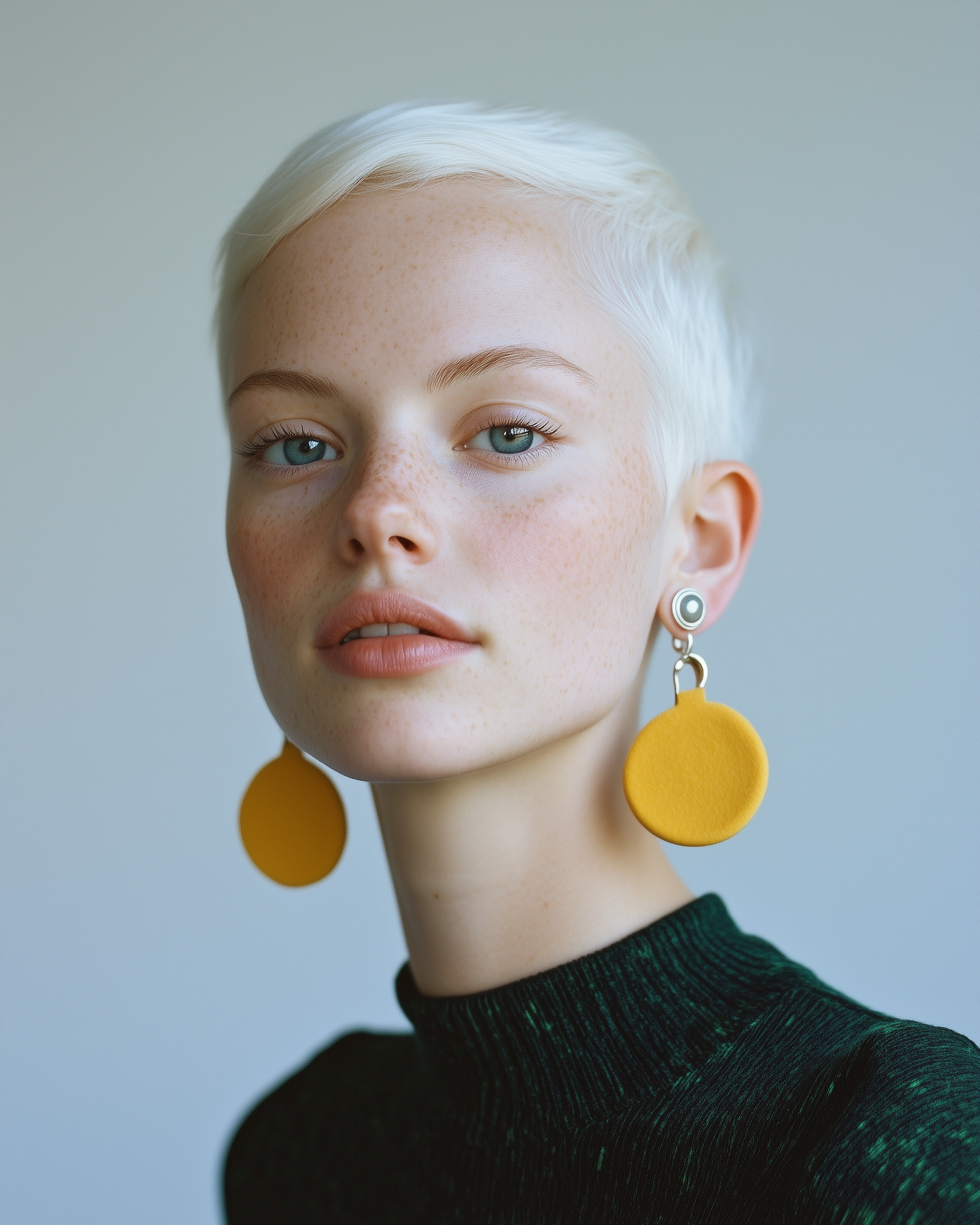 Portrait of a Person with Platinum Blonde Hair and Yellow Earrings