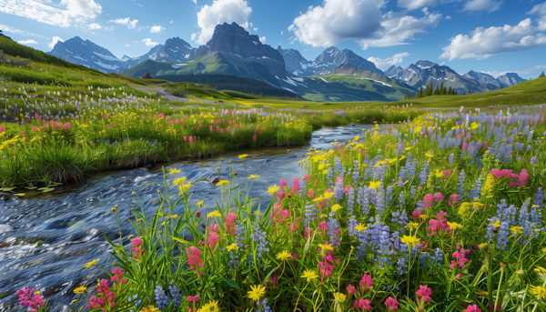 Vibrant Wildflower Landscape with Reflective River and Snow-Capped Mountains