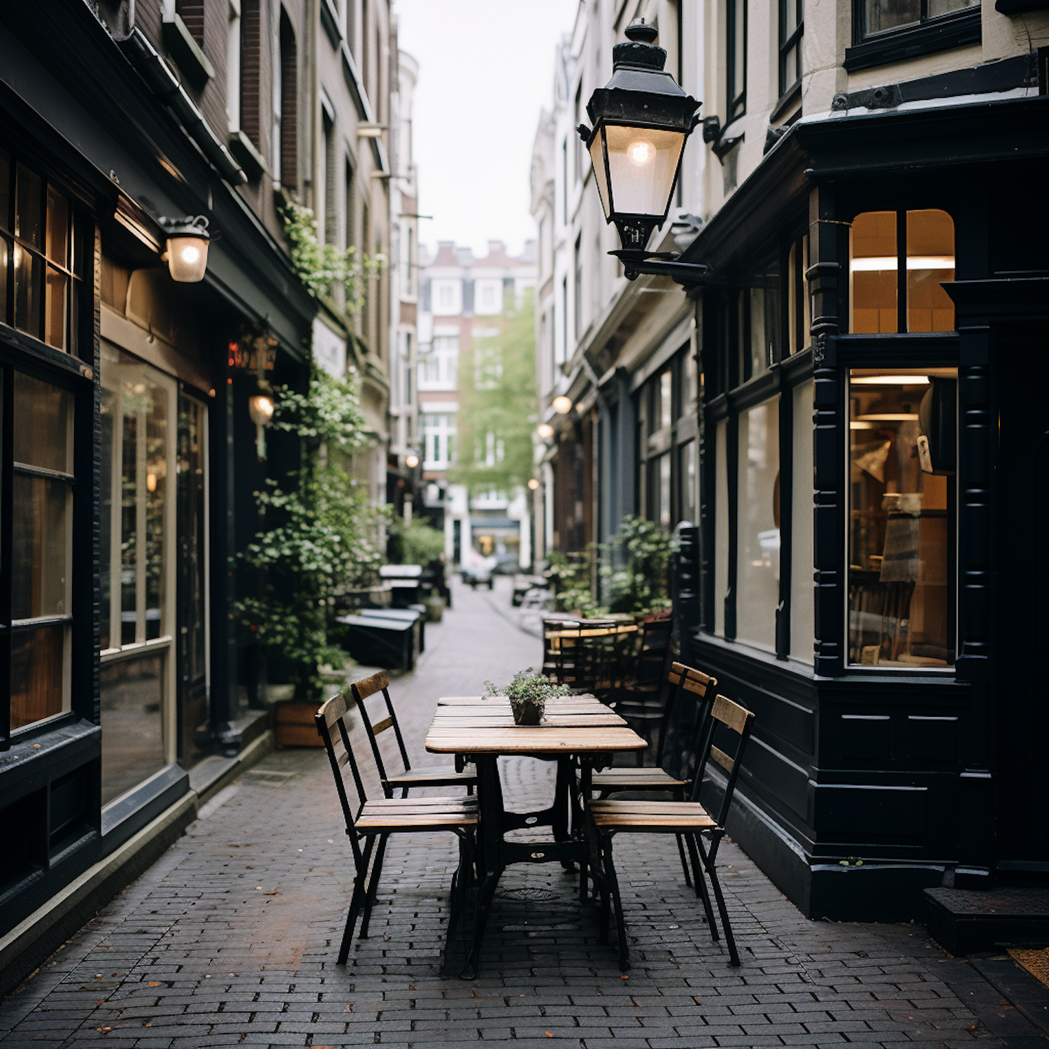 Early Morning Serenity at a European Cobblestone Street Café