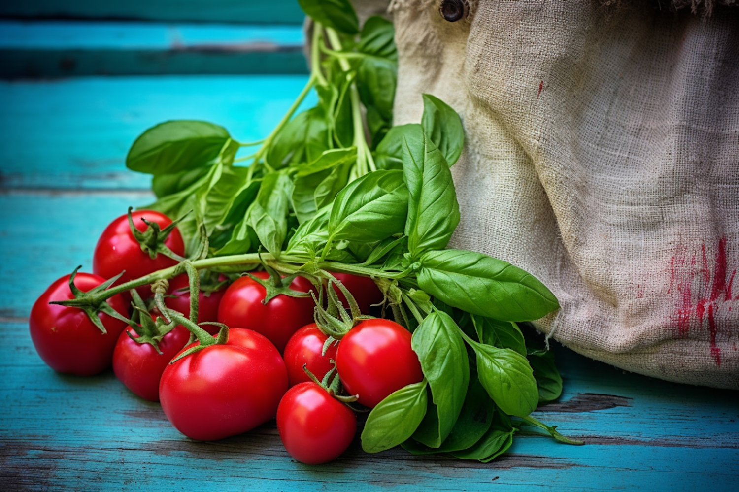 Fresh Tomatoes and Basil on Rustic Teal Backdrop