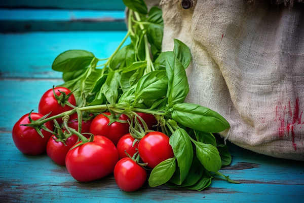 Fresh Tomatoes and Basil on Rustic Teal Backdrop