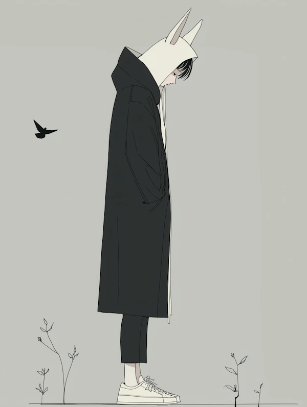 Contemplative Figure with Rabbit Hood