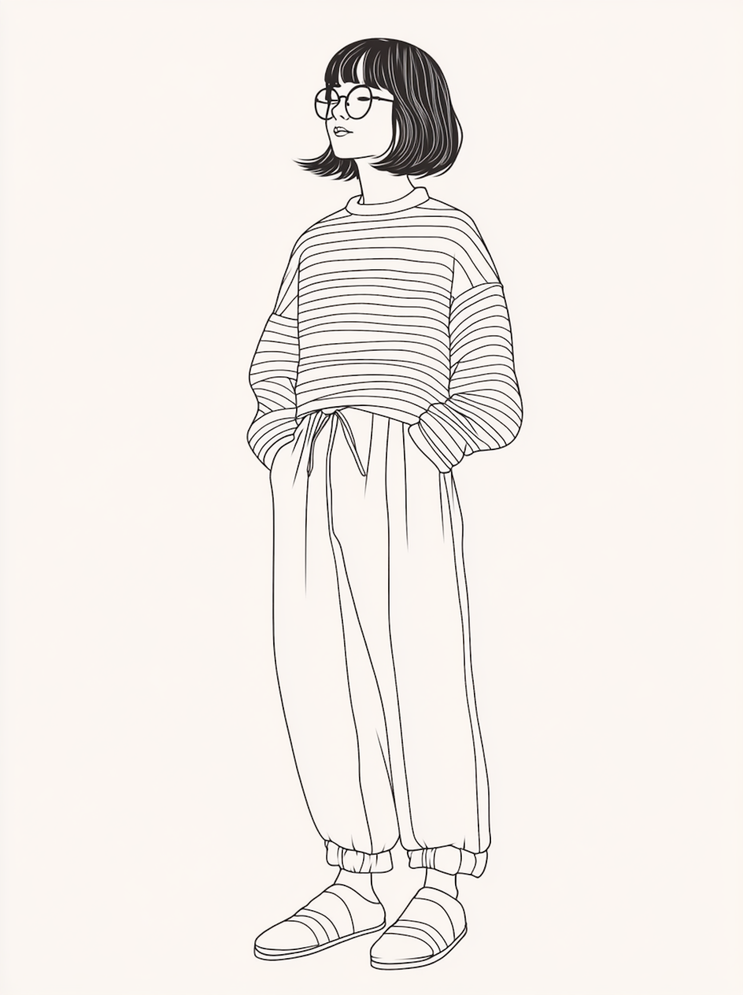 Minimalist Monochromatic Line Drawing of Young Woman