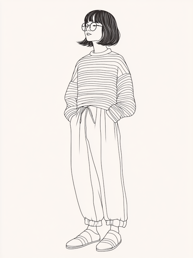 Minimalist Monochromatic Line Drawing of Young Woman