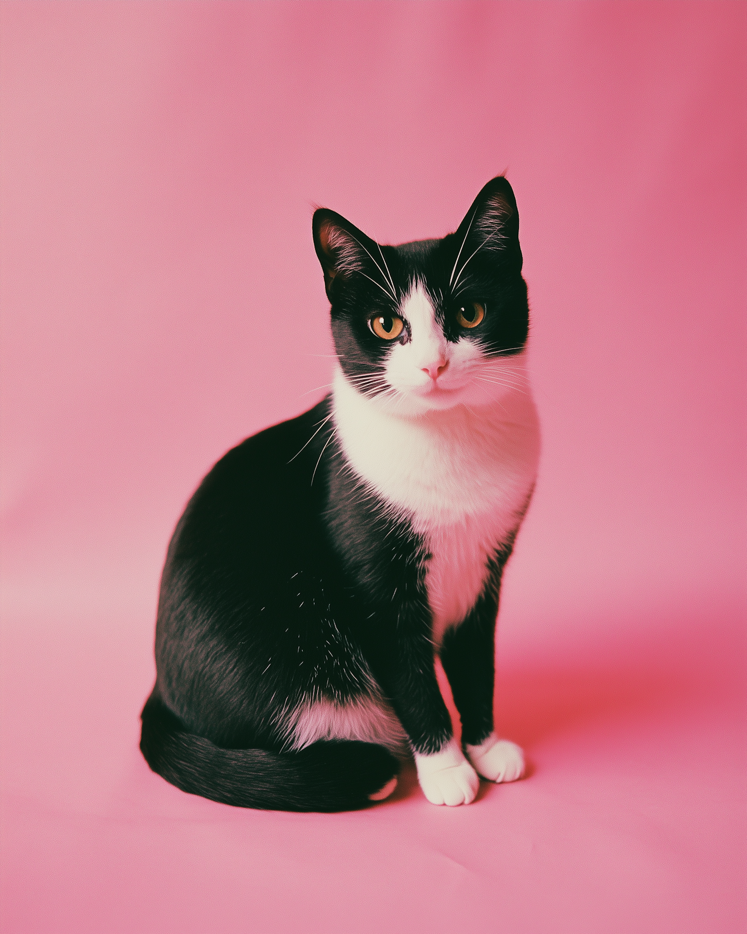 Black and White Cat on Pink Background