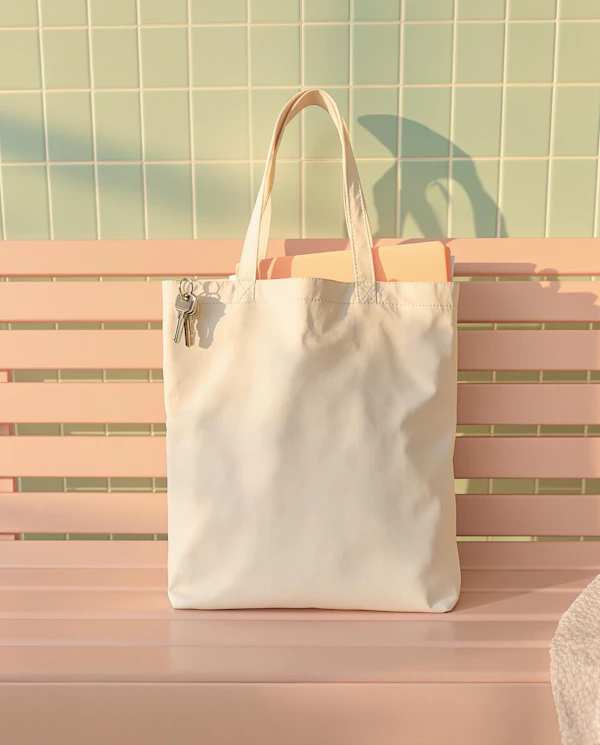 Beige Tote on Pink Bench