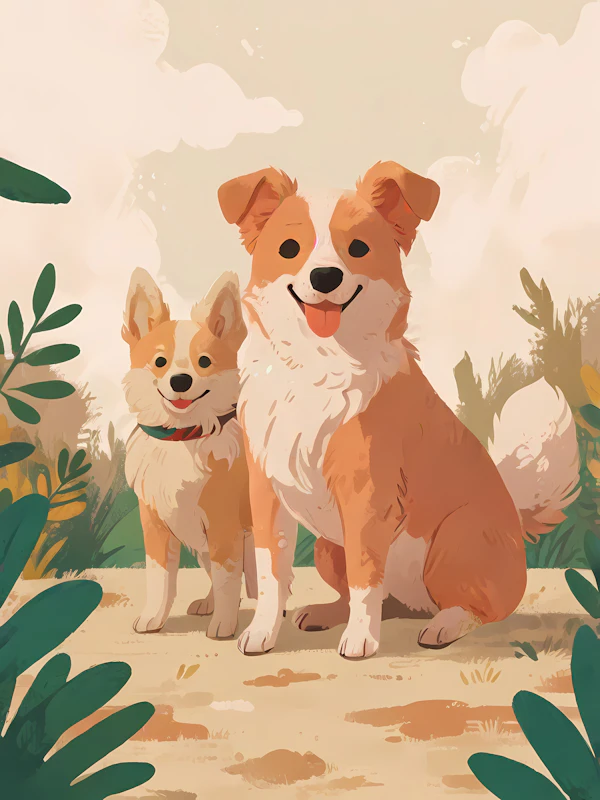 Cartoon Dogs in Pastel Landscape