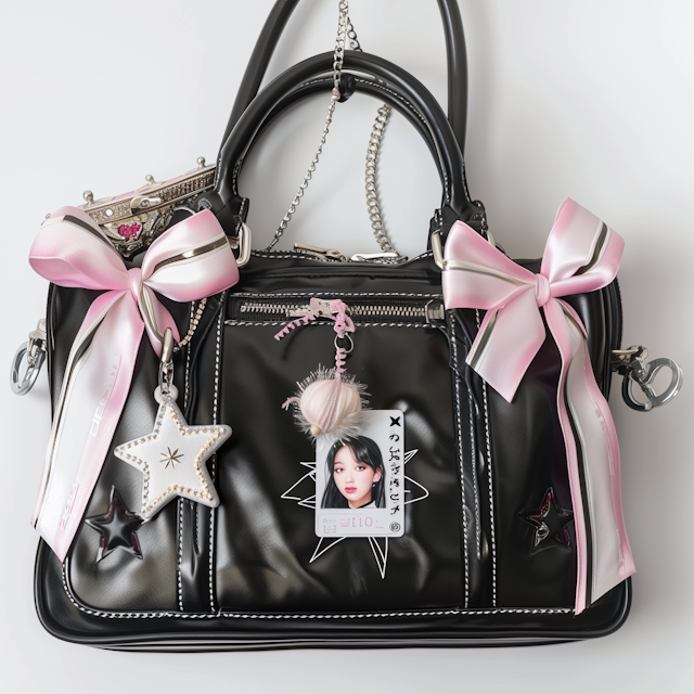 Fashionable Black Handbag with Charms and Satin Ribbons