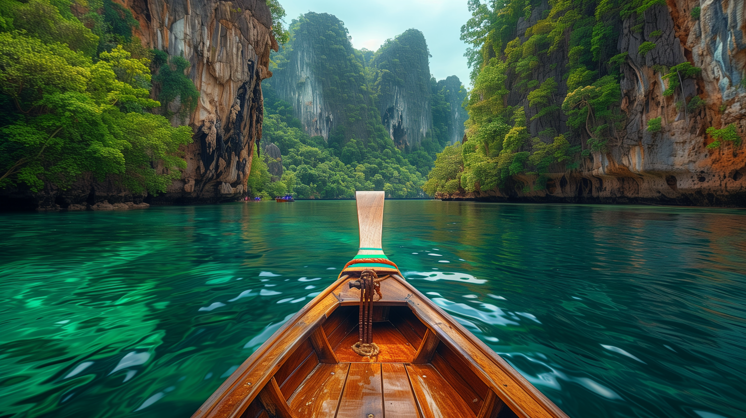 Serene Boat Journey Through a Lush Karst Landscape