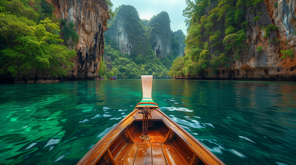 Serene Boat Journey Through a Lush Karst Landscape