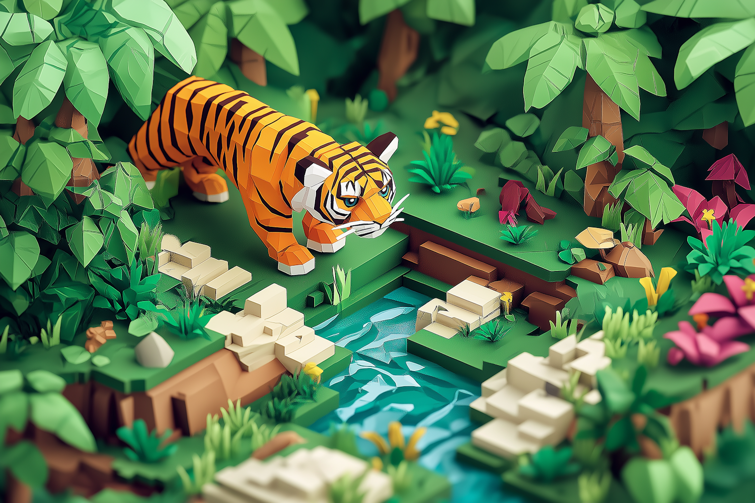 Whimsical 3D Forest and Tiger Illustration