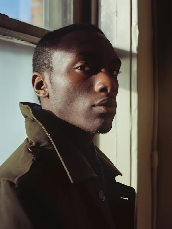 Contemplative Young Man in Sunlit Profile