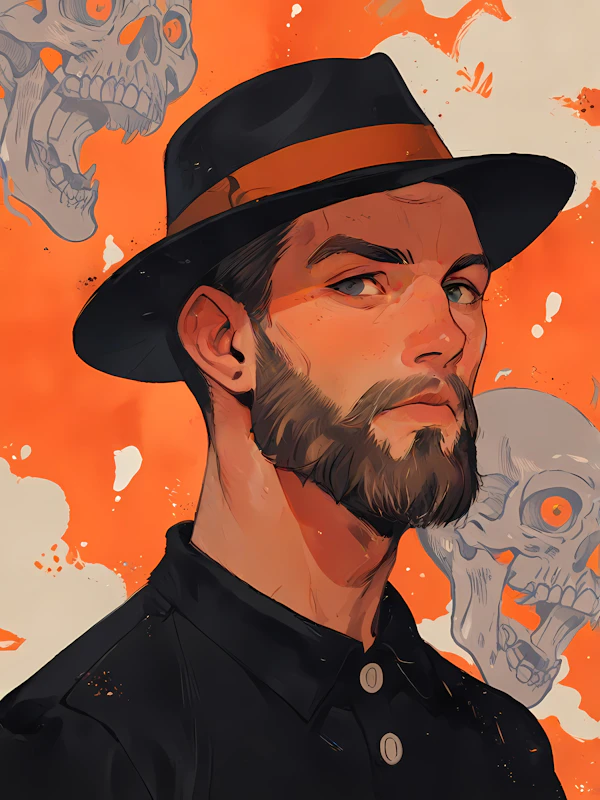 Man with Beard and Skull Background