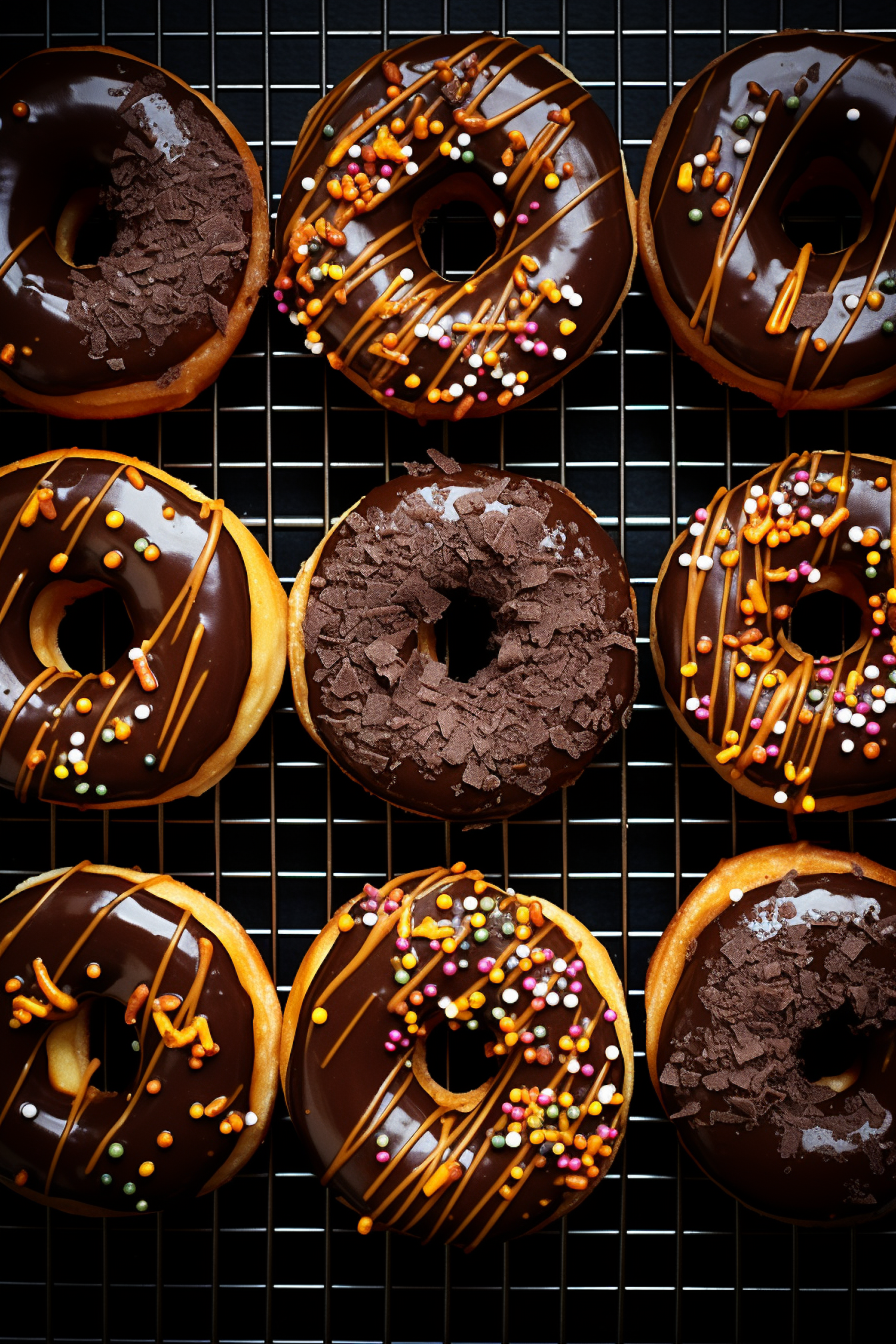 Assorted Gourmet Chocolate-Glazed Donuts on Wire Rack