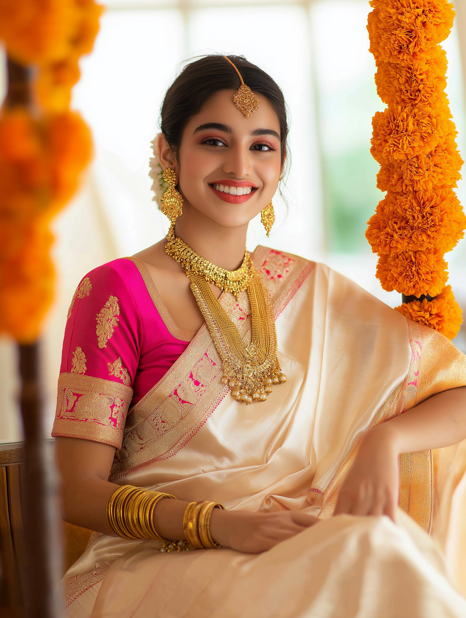 Woman in Traditional Attire with Marigold Garlands