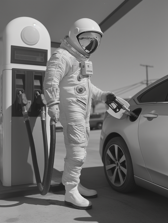 Astronaut Refueling Car at Gas Station