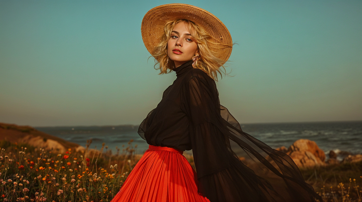 Woman in Wildflowers by the Ocean