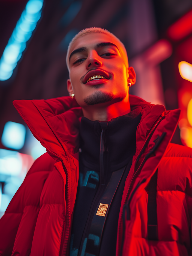 Confident Young Man in Red Puffer Jacket