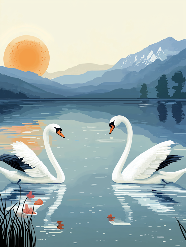 Serene Swans on Lake at Sunrise/Sunset