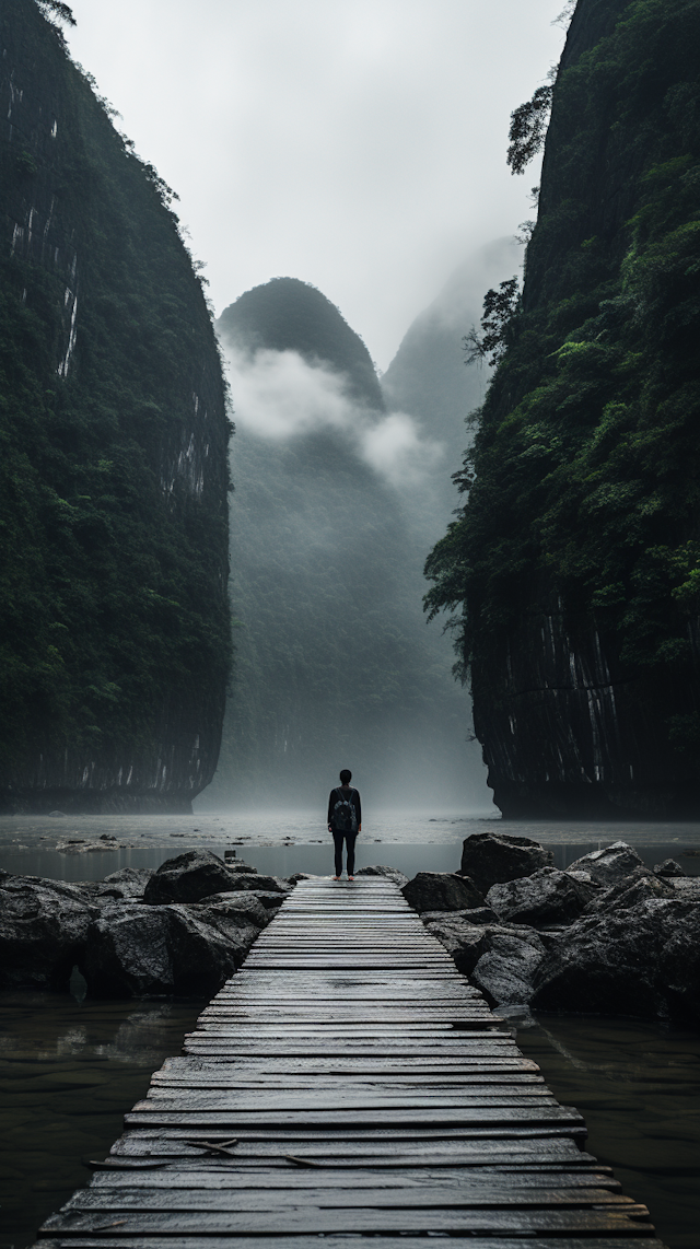 Contemplative Explorer at Misty Mountain Bridge