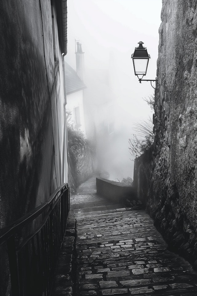 Misty Cobblestoned Alley