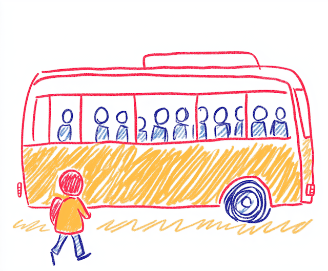 Childlike Drawing of a Bus and Child