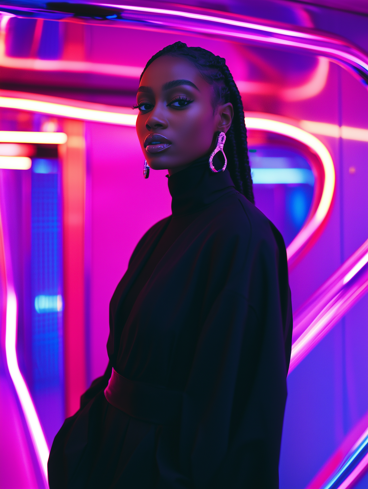 Portrait of Woman with Braided Hair and Neon Lights