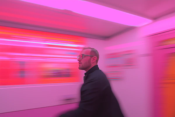 Man Walking Through Neon Corridor