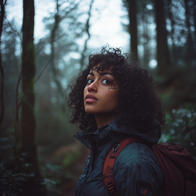 Contemplative Woman in Misty Forest