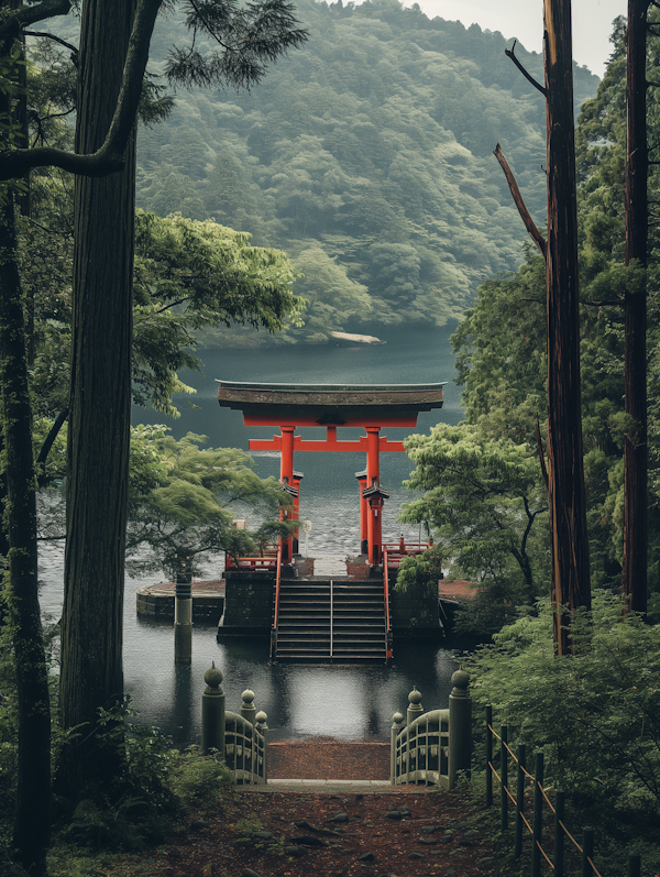 Serene Red Torii Gate by the Lake