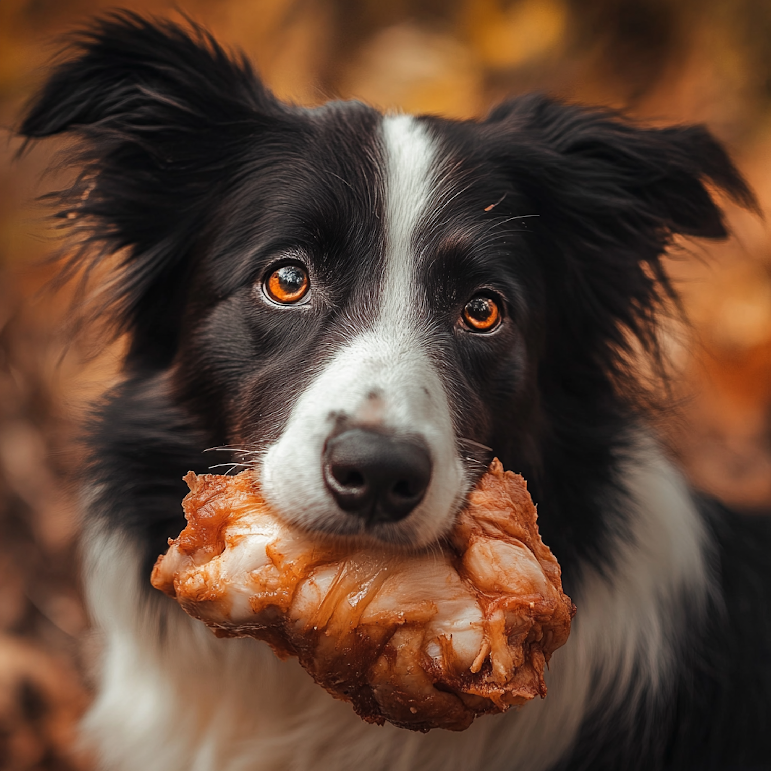 Border Collie eating meat