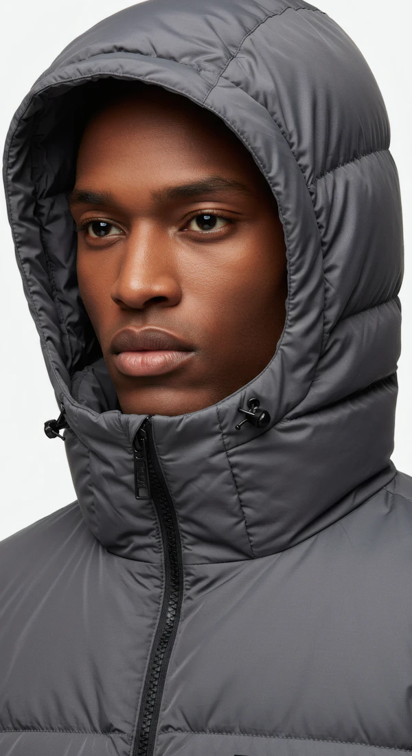 Close-up of Person in Gray Puffer Jacket