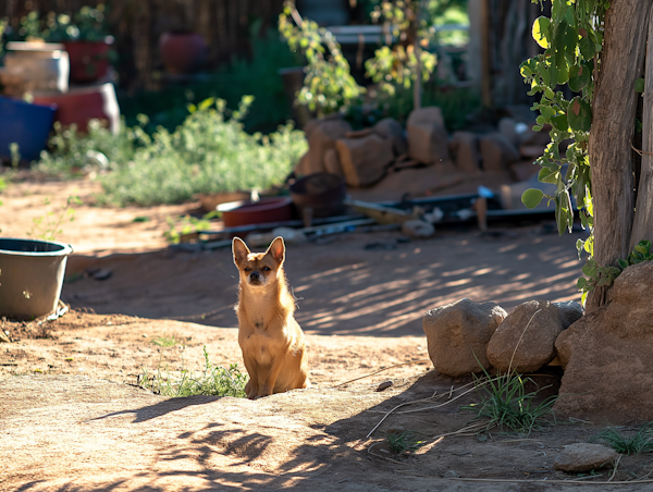 Attentive Dog in Rustic Garden