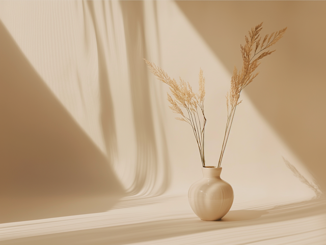 Minimalist Beige Ceramic Vase with Dry Grasses