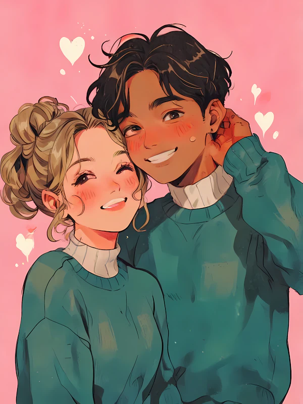 Animated Couple in Teal Sweaters