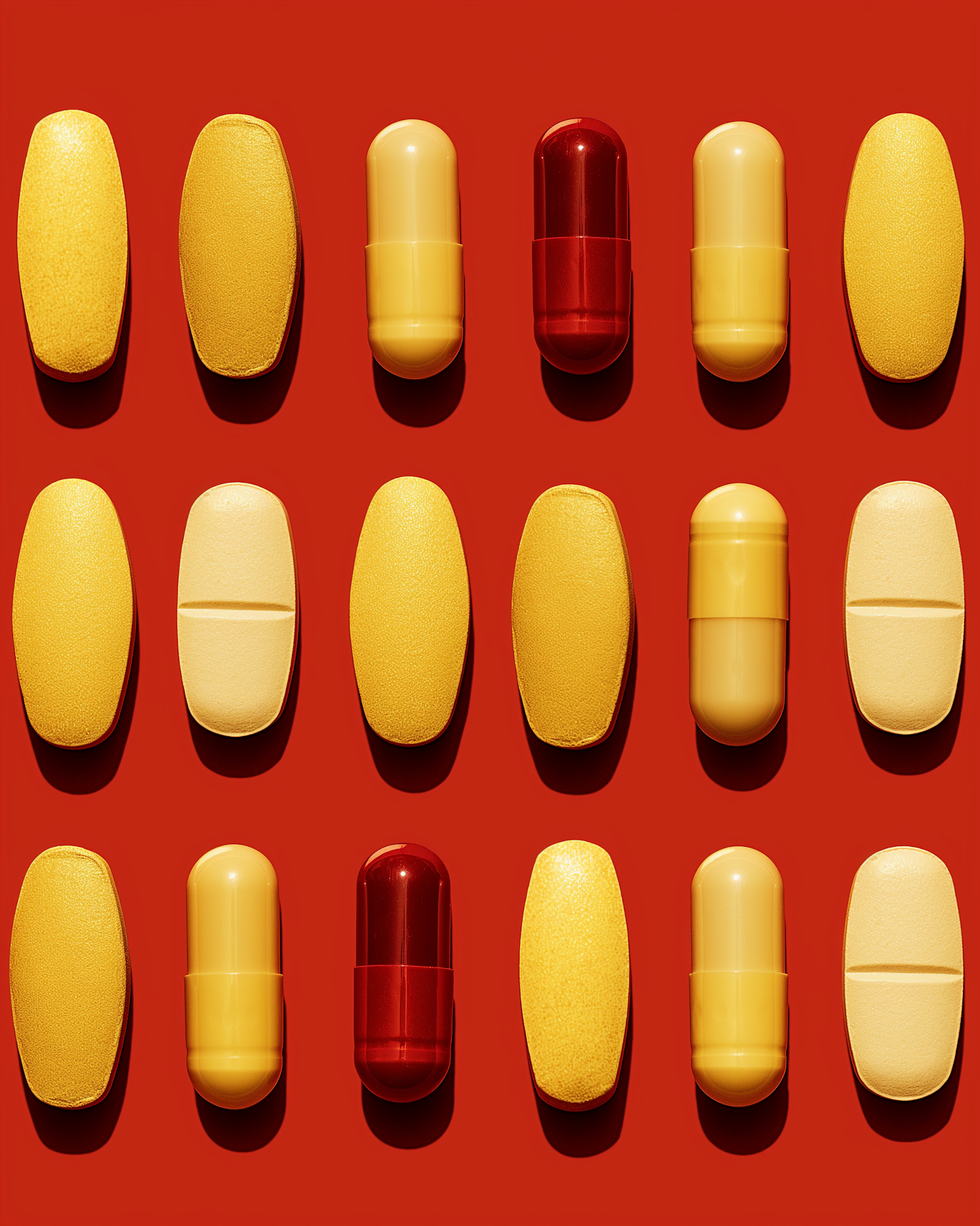 Organized collection of pills on red background