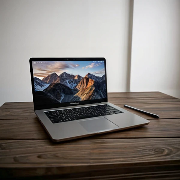 Modern Laptop with Stylus on Wooden Desk