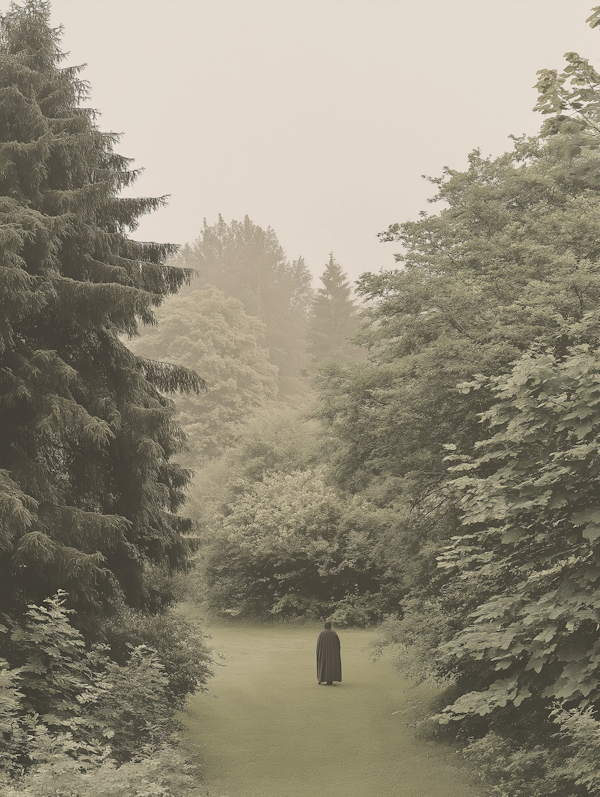 Solitary Walk in Misty Forest