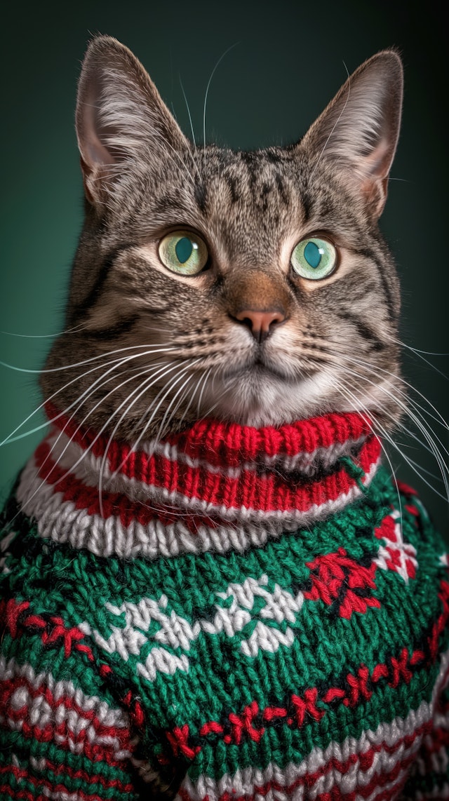 Festive Cat in Knitted Sweater