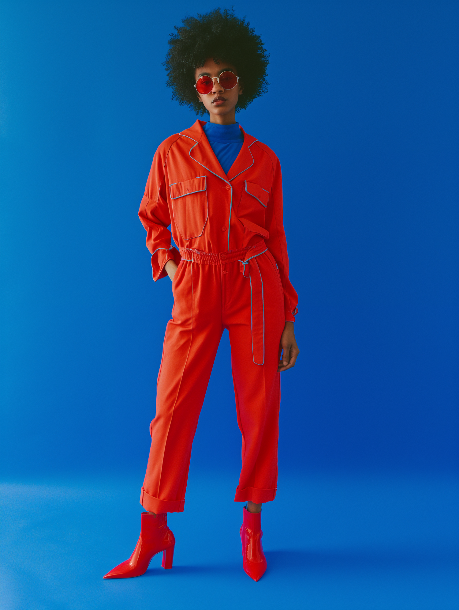 Blue Backdrop Confidence with Orange Jumpsuit