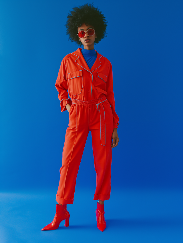 Blue Backdrop Confidence with Orange Jumpsuit